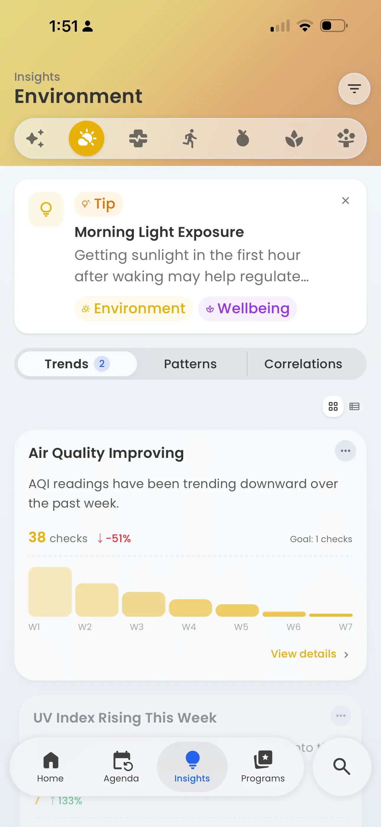 Environment insights screen showing air quality trending downward with weekly bars