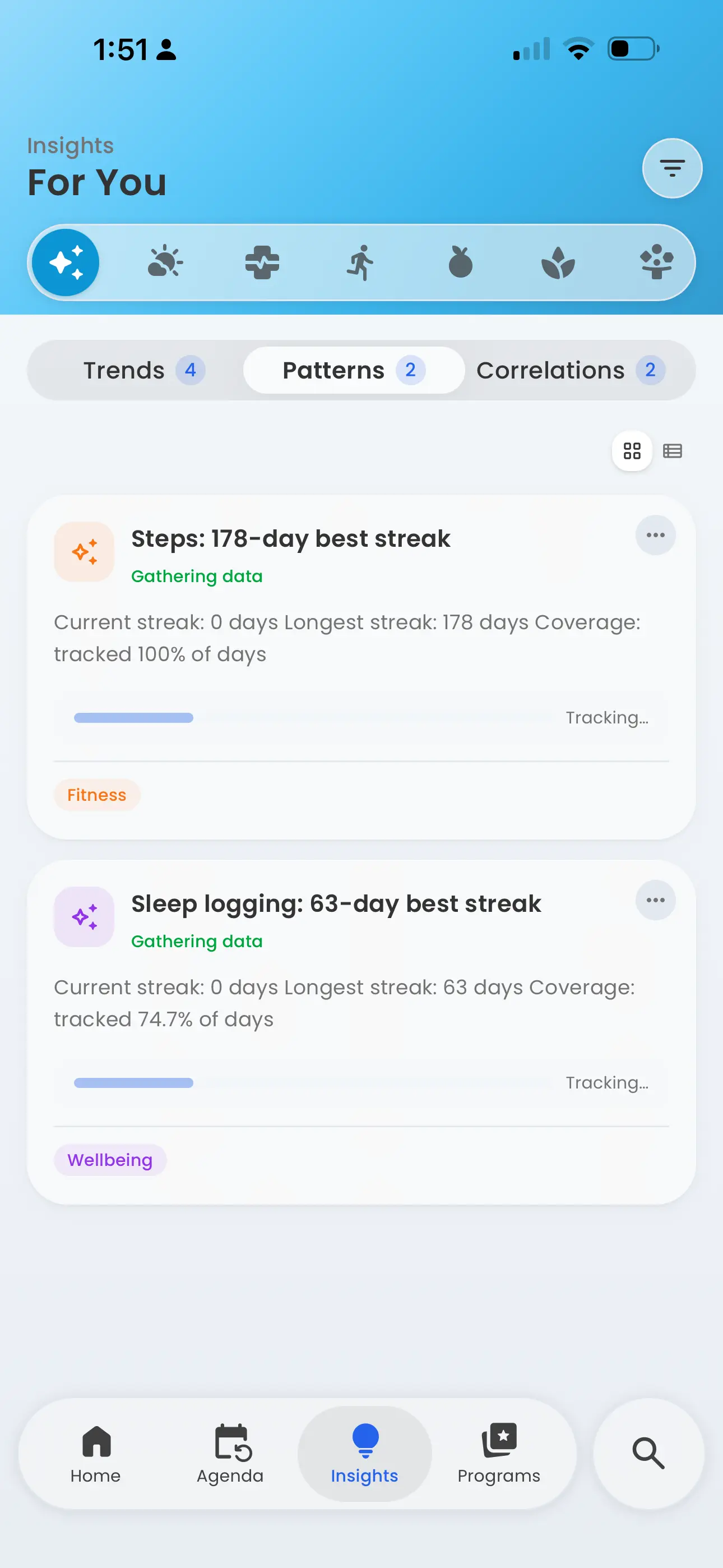 Best Life Patterns view showing best streaks for steps and sleep logging