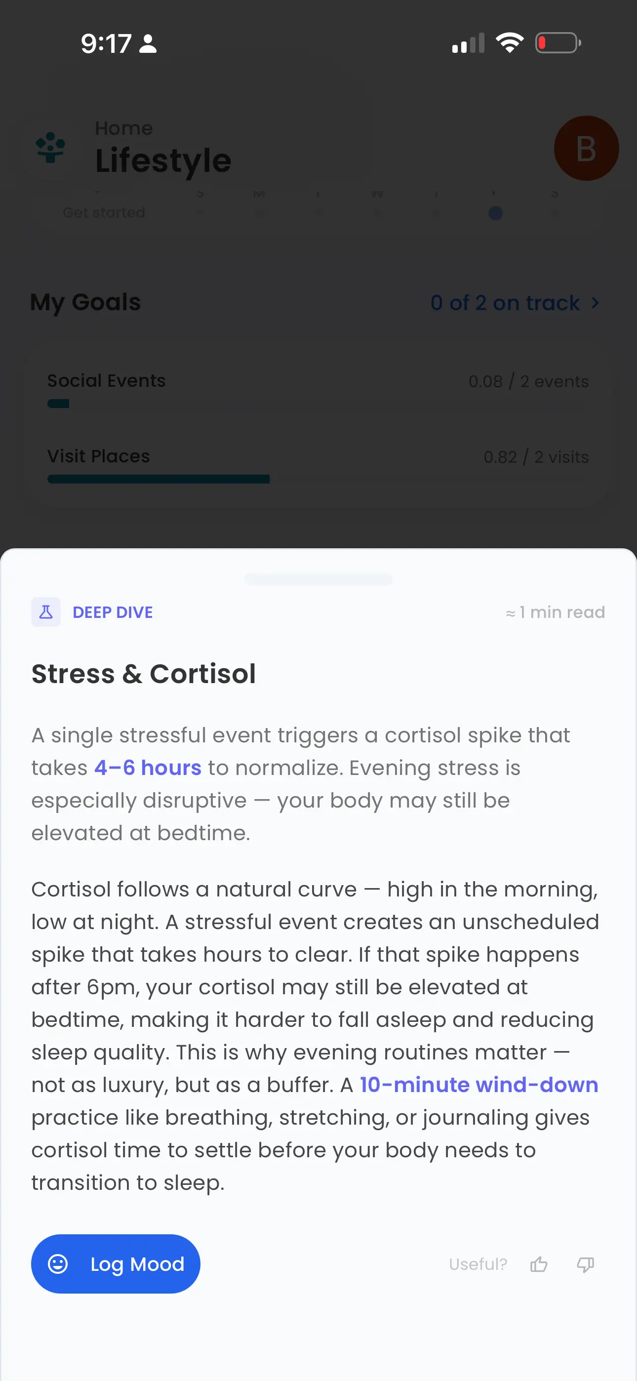 Best Life deep dive about stress and cortisol — Log Mood action