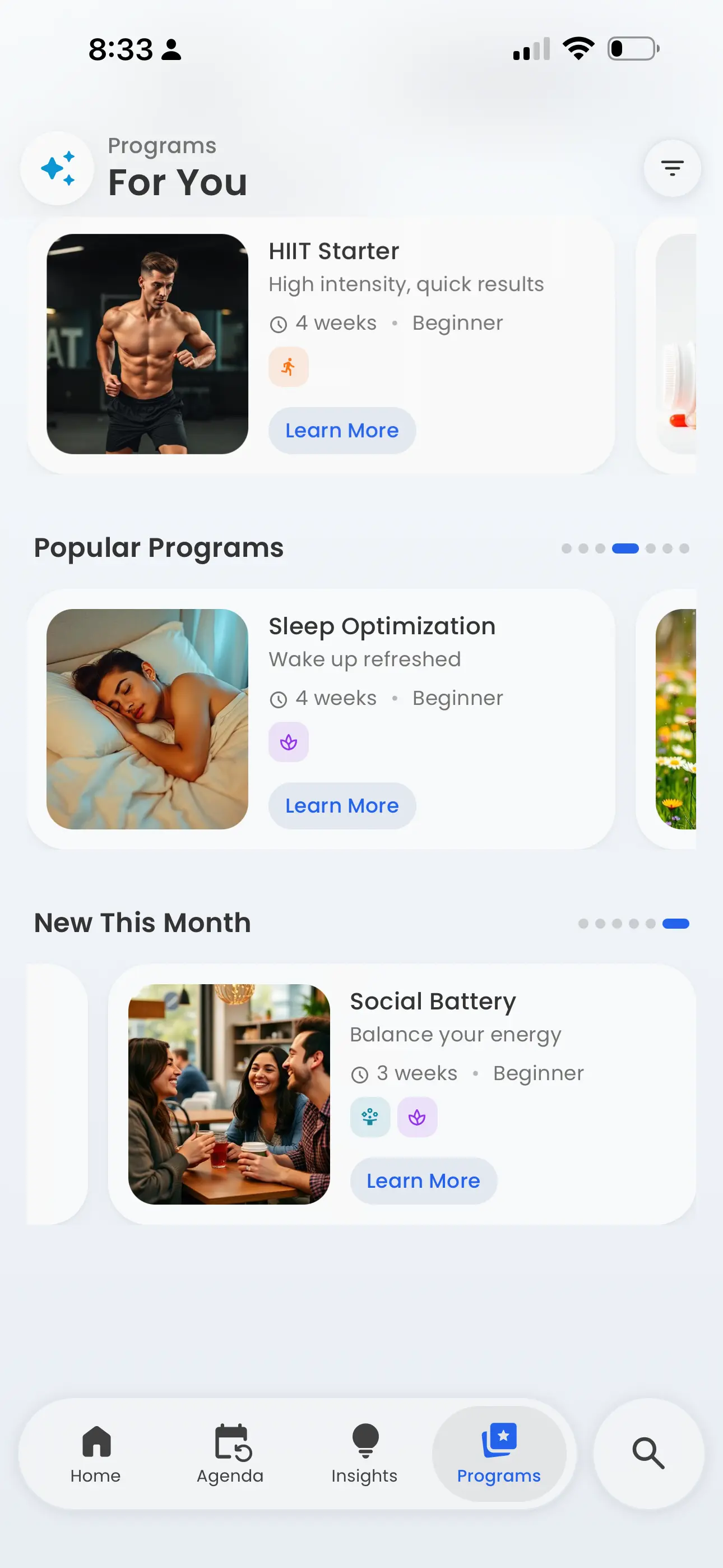 Best Life Programs including HIIT Starter, Sleep Optimization, and Social Battery