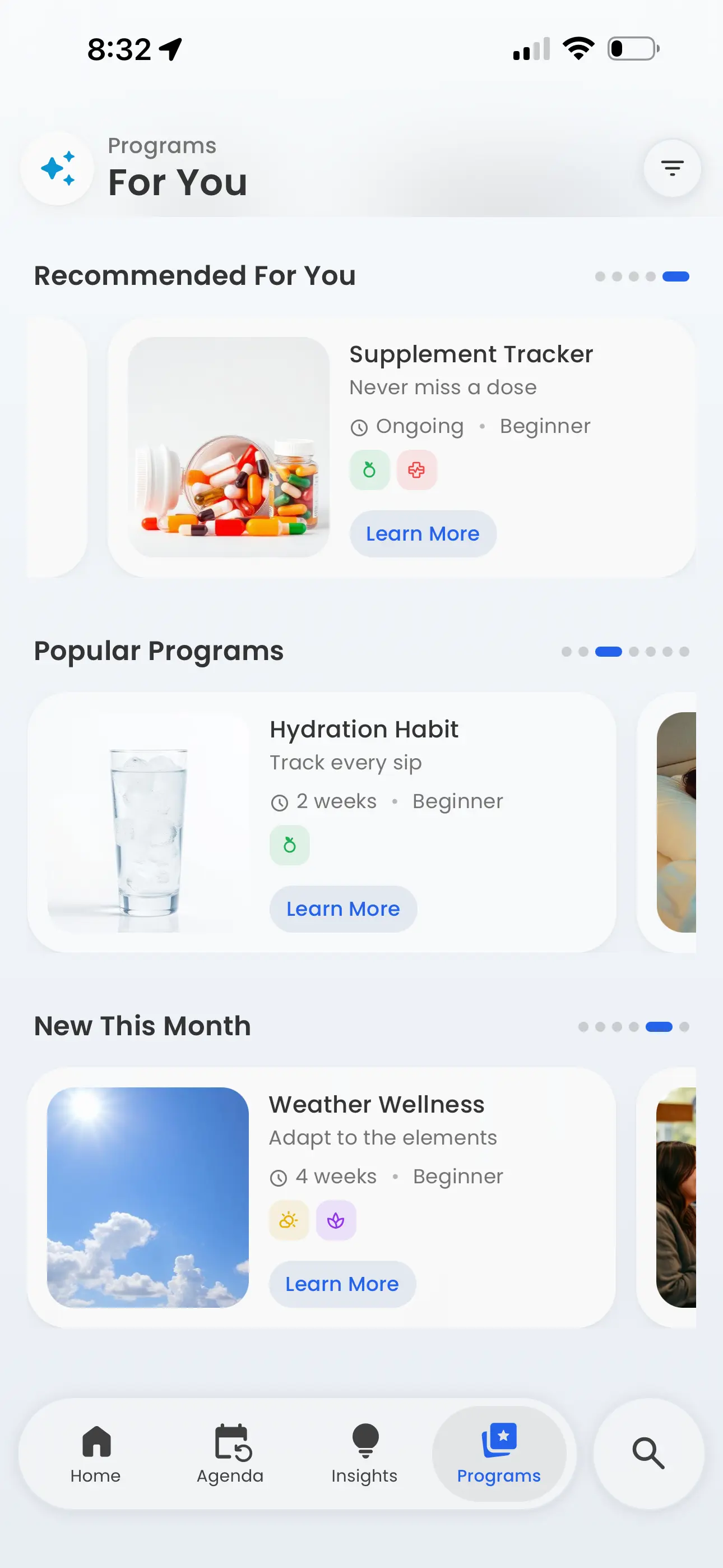 Best Life Programs For You showing Supplement Tracker, Hydration Habit, and Weather Wellness program cards